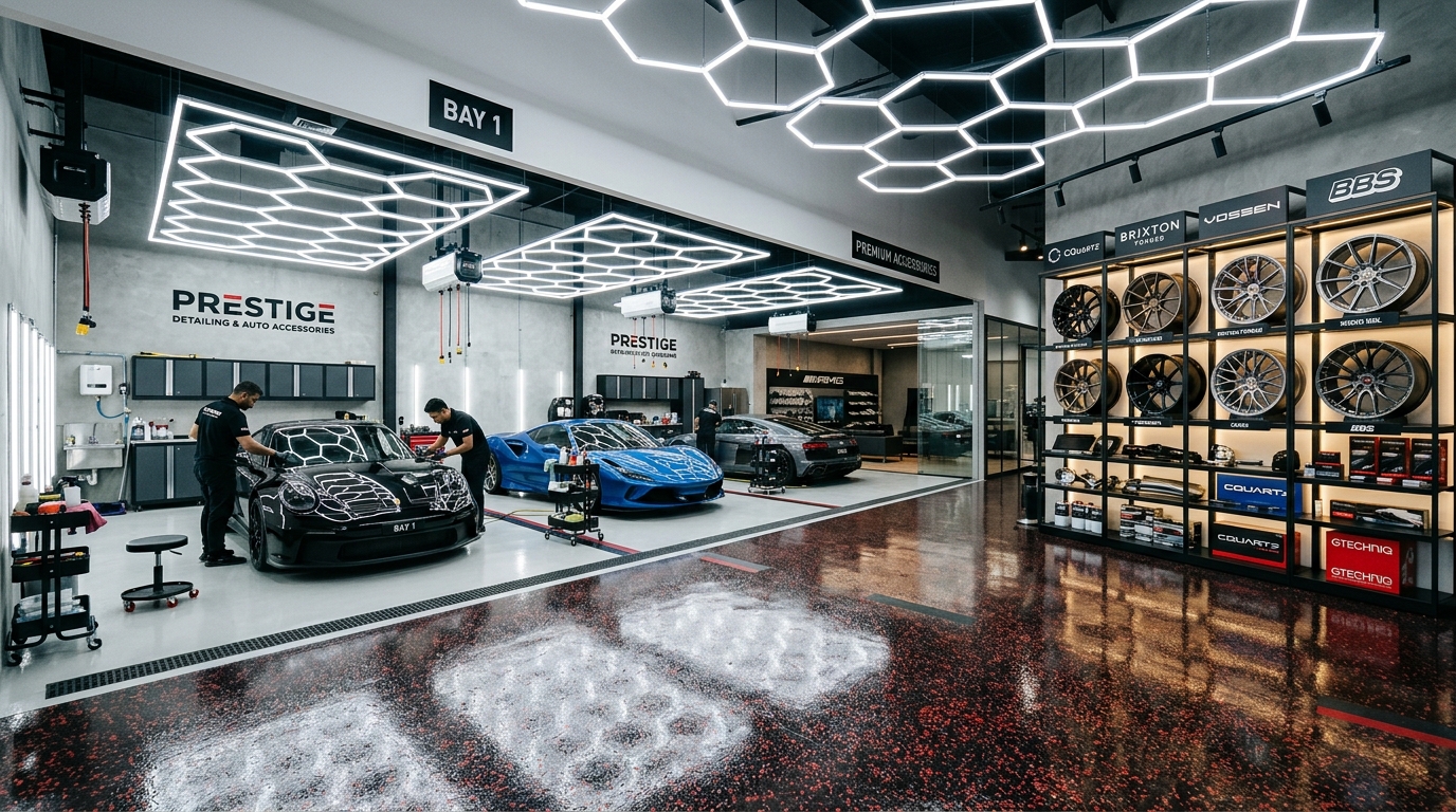 CAR DECOR detailing bay and auto accessories studio with alloy rims display
